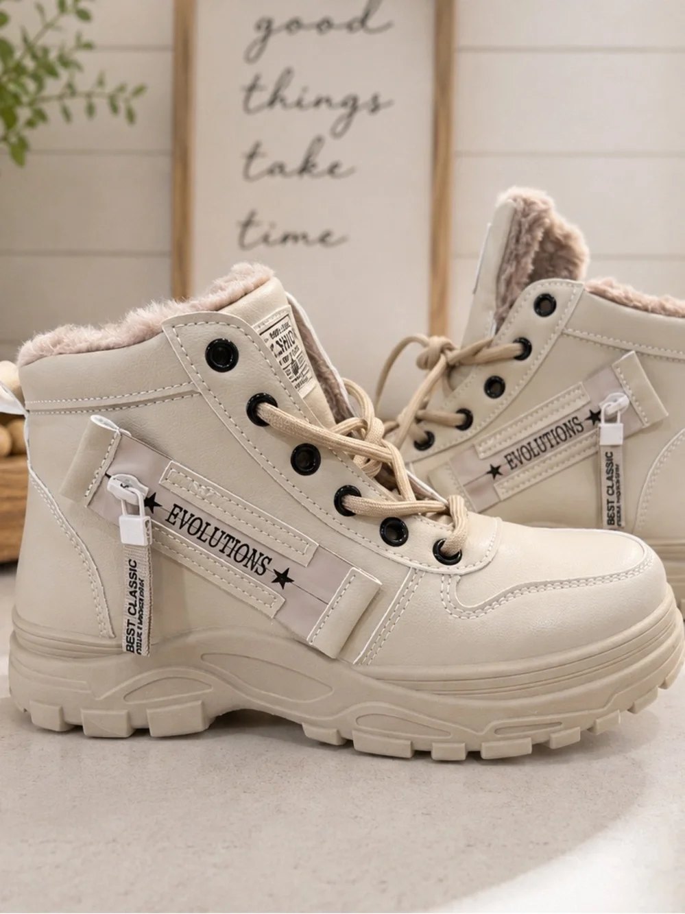 NWT Beige Platform Snow Boots Women’s Size 6/6.5 Faux Fur Waterproof Lace-Up